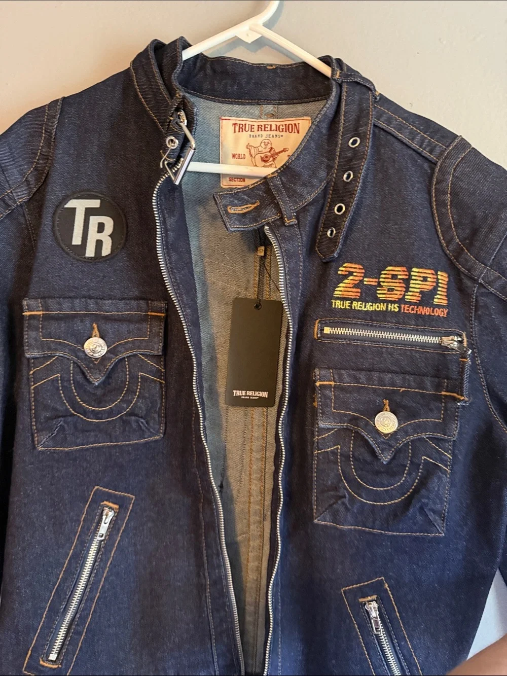 True Religion Dark Blue Denim Jacket with Embroidered Accents